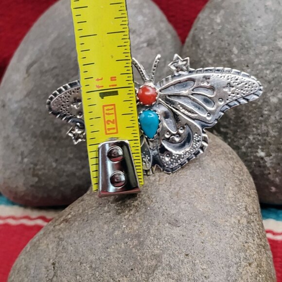 Southwest Sterling Silver Overlay Butterfly Ring Turquoise & Coral Size 8 - Picture 3 of 6